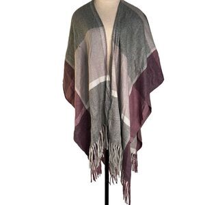 Woolrich Womens OS Purple & Gray Cozy Blanket Duster Sweater Wrap Fringe Trim